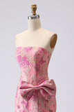 Robe de bal longue en Jacquard sans bretelles en fuchsia avec fente de sirène sirène en fuchsia
