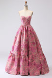 Corset Fuchsia Jacquard A Line Longue robe de bal sans bretelles