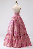 Corset Fuchsia Jacquard A Line Longue robe de bal sans bretelles