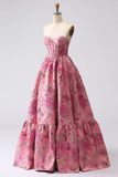Corset Fuchsia Jacquard A Line Longue robe de bal sans bretelles