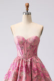 Corset Fuchsia Jacquard A Line Longue robe de bal sans bretelles