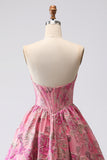 Corset Fuchsia Jacquard A Line Longue robe de bal sans bretelles