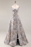 Corset de bal argenté Silver Jacquard bustless A Line Longue robe de bal avec fente