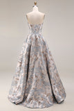 Corset de bal argenté Silver Jacquard bustless A Line Longue robe de bal avec fente