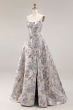 Corset de bal argenté Silver Jacquard bustless A Line Longue robe de bal avec fente