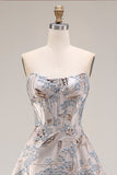 Corset de bal argenté Silver Jacquard bustless A Line Longue robe de bal avec fente