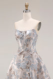 Corset de bal argenté Silver Jacquard bustless A Line Longue robe de bal avec fente