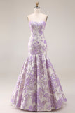 Robe de bal longue à fleurs en brocart en satin sirène sirène sans bustier, lilas jacquard