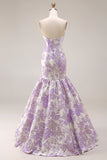 Robe de bal longue à fleurs en brocart en satin sirène sirène sans bustier, lilas jacquard