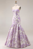 Robe de bal longue à fleurs en brocart en satin sirène sirène sans bustier, lilas jacquard