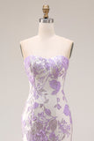 Robe de bal longue à fleurs en brocart en satin sirène sirène sans bustier, lilas jacquard