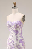Robe de bal longue à fleurs en brocart en satin sirène sirène sans bustier, lilas jacquard