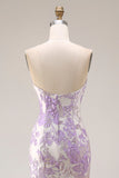 Robe de bal longue à fleurs en brocart en satin sirène sirène sans bustier, lilas jacquard