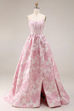 Corset fleuri rose bustier Jacquard brocart en brocart A avec une longue robe de bal avec fente