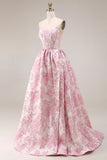 Corset fleuri rose bustier Jacquard brocart en brocart A avec une longue robe de bal avec fente