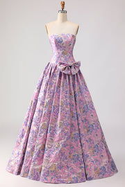 Robe de bal longue de bal en brocart en satin en satin lilas en ligne A et nœud
