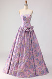 Robe de bal longue de bal en brocart en satin en satin lilas en ligne A et nœud