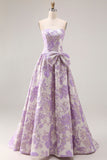 Robe de bal longue en brocart Jacquard en lilas bretellée, sans bustiers, avec nœud d’ours