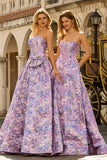 Robe de bal longue de bal en brocart en satin jacquard lilas sans bretelles avec nœud