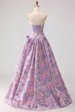 Robe de bal longue de bal en brocart en satin en satin lilas en ligne A et nœud