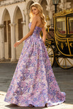 Robe de bal longue de bal en brocart en satin jacquard lilas sans bretelles avec nœud