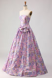 Robe de bal longue de bal en brocart en satin en satin lilas en ligne A et nœud