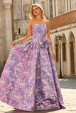 Robe de bal longue de bal en brocart en satin jacquard lilas sans bretelles avec nœud