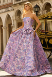 Robe de bal longue de bal en brocart en satin jacquard lilas sans bretelles avec nœud