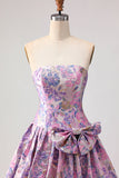 Robe de bal longue de bal en brocart en satin en satin lilas en ligne A et nœud