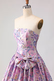 Robe de bal longue de bal en brocart en satin en satin lilas en ligne A et nœud