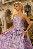 Robe de bal longue de bal en brocart en satin jacquard lilas sans bretelles avec nœud