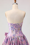 Robe de bal longue de bal en brocart en satin en satin lilas en ligne A et nœud
