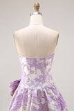 Robe de bal longue en brocart Jacquard en lilas bretellée, sans bustiers, avec nœud d’ours