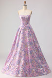 Corset de satin sans bretelles lilas Jacquard brocart longue robe de bal