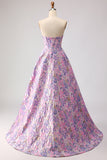 Corset de satin sans bretelles lilas Jacquard brocart longue robe de bal