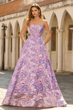 Corset A-Line Jacquard bretelles lilas Brocart longue robe de bal