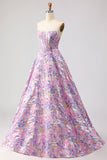 Corset de satin sans bretelles lilas Jacquard brocart longue robe de bal