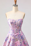 Corset de satin sans bretelles lilas Jacquard brocart longue robe de bal