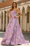 Corset A-Line Jacquard bretelles lilas Brocart longue robe de bal