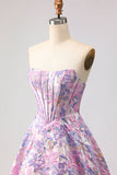 Corset de satin sans bretelles lilas Jacquard brocart longue robe de bal