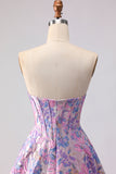 Corset de satin sans bretelles lilas Jacquard brocart longue robe de bal