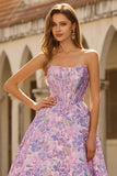 Corset A-Line Jacquard bretelles lilas Brocart longue robe de bal