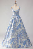 Corset de bal Jacquard brocart A-Line A-Line Bleu clair Longue robe de bal avec des perles