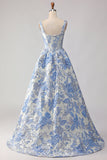 Corset de bal Jacquard brocart A-Line A-Line Bleu clair Longue robe de bal avec des perles