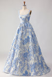 Corset de bal Jacquard brocart A-Line A-Line Bleu clair Longue robe de bal avec des perles