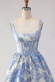 Corset de bal Jacquard brocart A-Line A-Line Bleu clair Longue robe de bal avec des perles