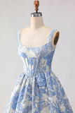 Corset de bal Jacquard brocart A-Line A-Line Bleu clair Longue robe de bal avec des perles