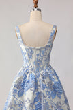 Corset de bal Jacquard brocart A-Line A-Line Bleu clair Longue robe de bal avec des perles