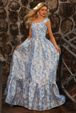 Robe longue de bal décapotable brocart Jacquard bleu clair décollée