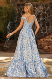 Robe longue de bal décapotable brocart Jacquard bleu clair décollée
